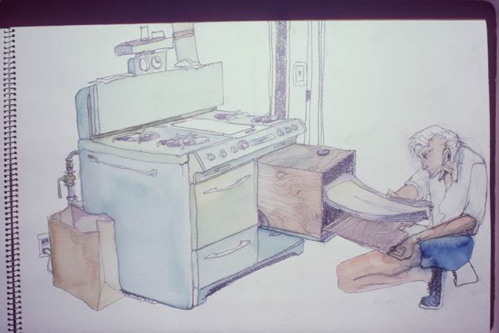 An early sketch by Co-Founder Peter Dreissigacker showing his brother, Dick, curing early oar blades in an oven. They had been building experimental oars in the kitchen of their California apartment.