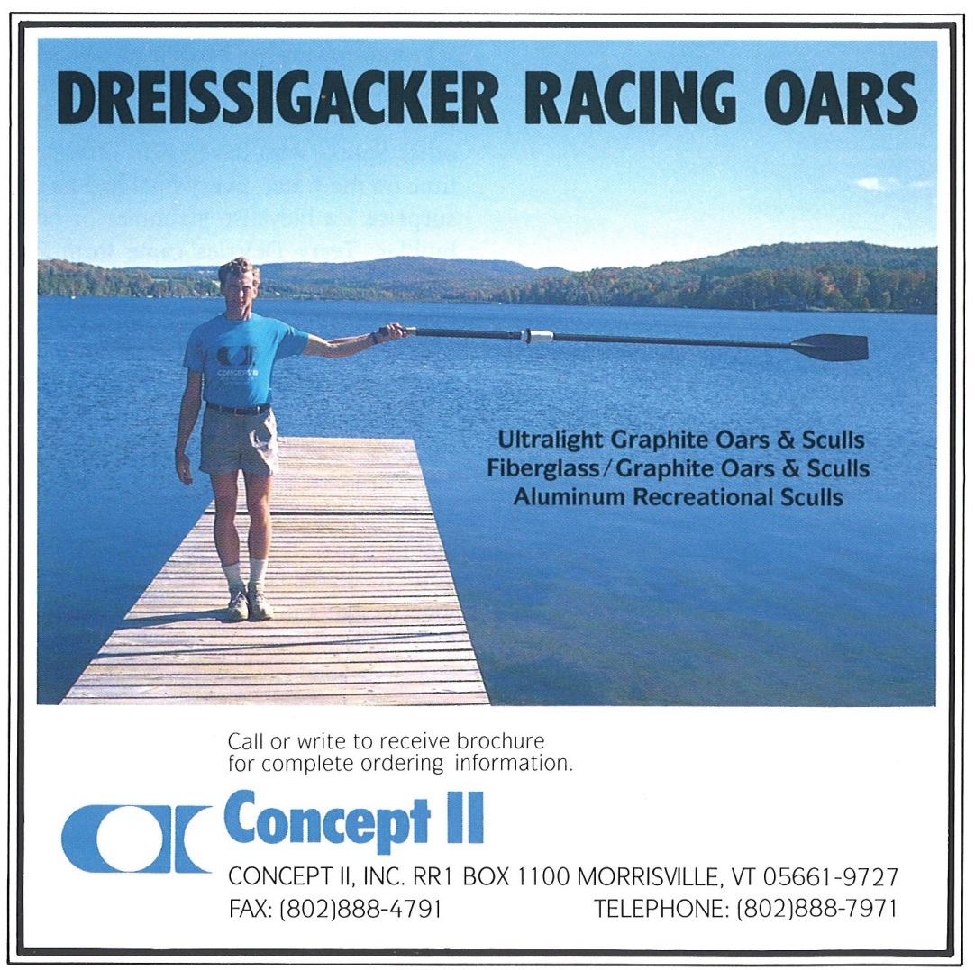 Early advertisement in the now-defunct <i>American Rowing</i> magazine.<br><br><i>Dick Dreissigacker advertising the Macon blade.</i>